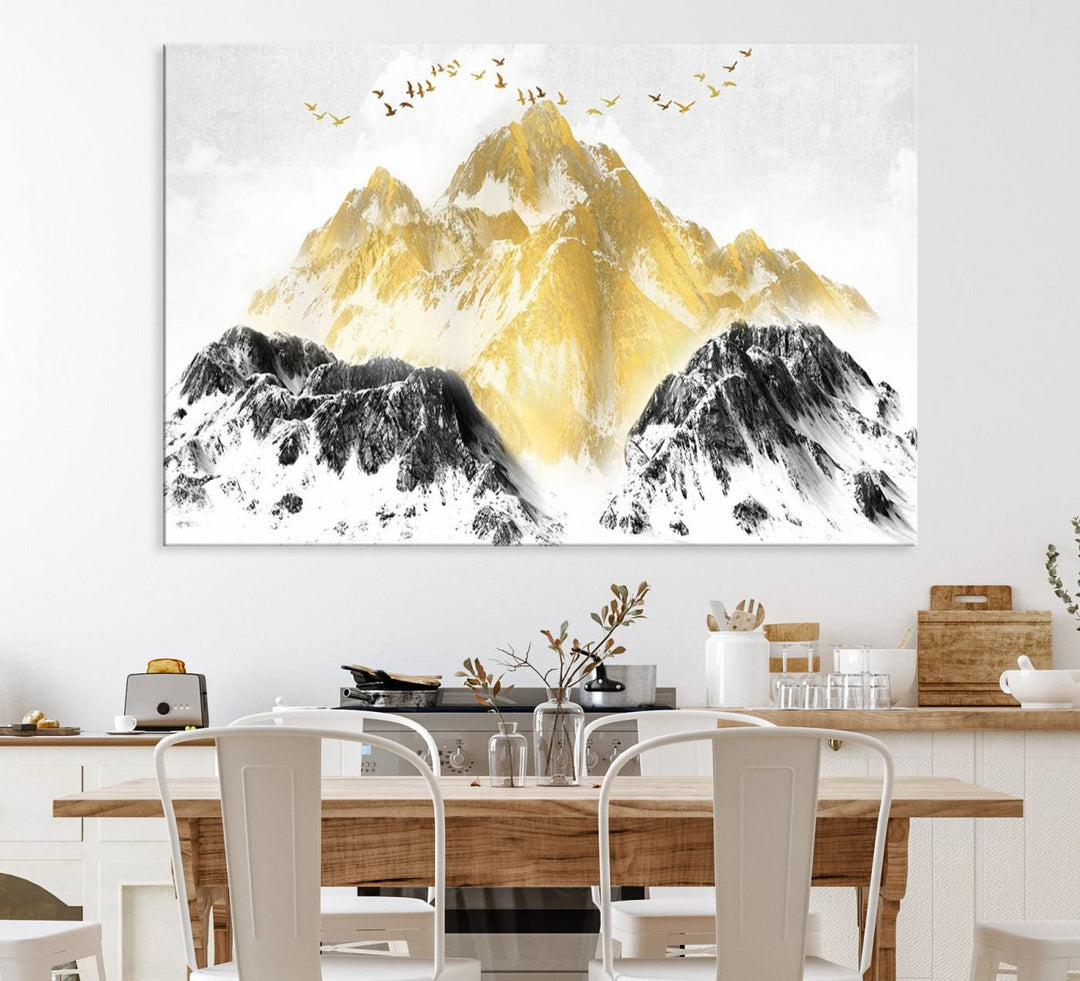 Golden Mountain Triptych Wall Art features gold-tinted mountains and birds.