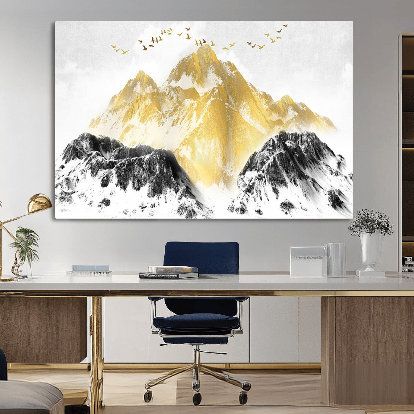 MGV-CV-36X24 - Golden Mountain Triptych Wall Art, Modern Giclee Canvas Print, Nature Landscape Decor for Living Room, Contemporary Gold and Black Wall Art