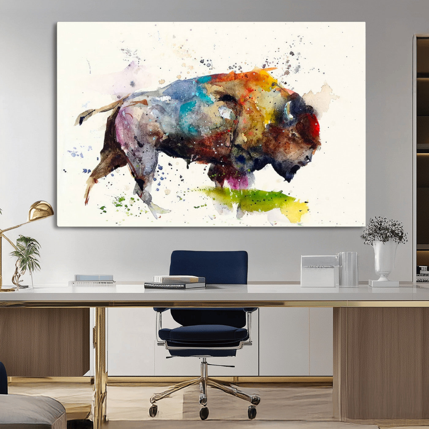 MGV-CV-36X24 - Abstract Buffalo Wall Art, Western Watercolor Bison Canvas Print, Rustic Buffalo Art for Cowboy and Western Decor, Large Multi-Panel Giclee Canvas