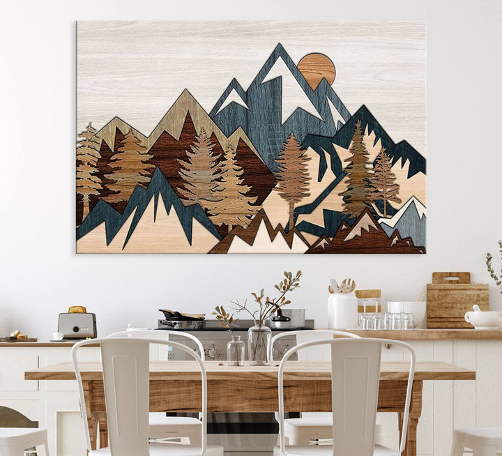 A Woodland Mountain Landscape Triptych serves as the centerpiece of the rustic decor.