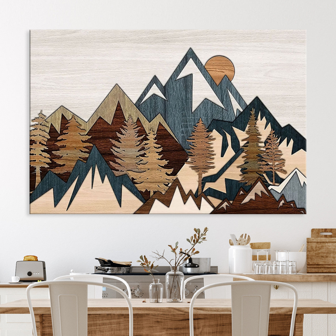 67950-MGV-CV-36X24-Rustic Abstract Wood Panel Effect Canvas Mountain Range Top Wood Wall Art Canvas Print