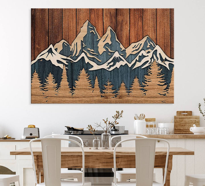 Rustic Wood Style Mountain Wall Art hangs on the wall.