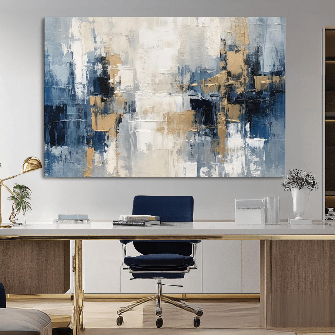 MGV-CV-36X24 - Modern Abstract Canvas Wall Art in Blue and Gold Tones | Large Contemporary Art for Living Room, Office, or Bedroom Décor