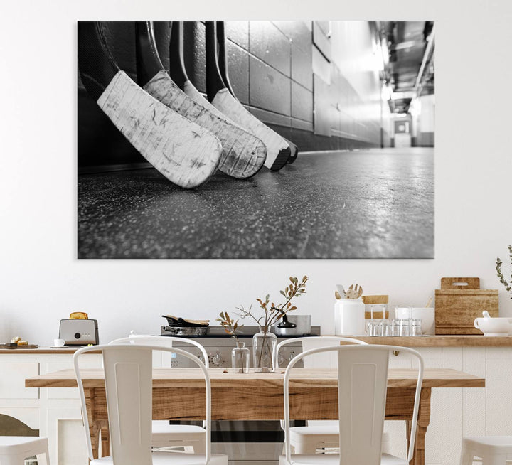 Ice Hockey Wall Art Canvas Print features a UV-protected black and white photo of hockey sticks.