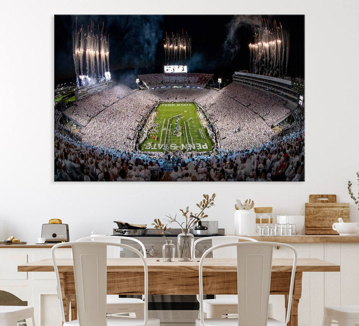 The perfect Penn State Football canvas wall art features a depiction of Beaver Stadium filled with fans in white, with fireworks exploding above.