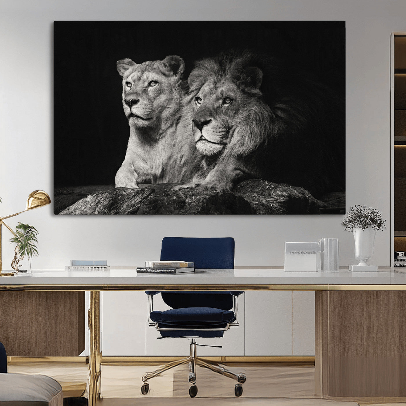 MGV-CV-36X24 - Lion Couple Canvas Wall Art Print – Elegant Wildlife Portrait in Black and White Lion Family – Ready to Hang