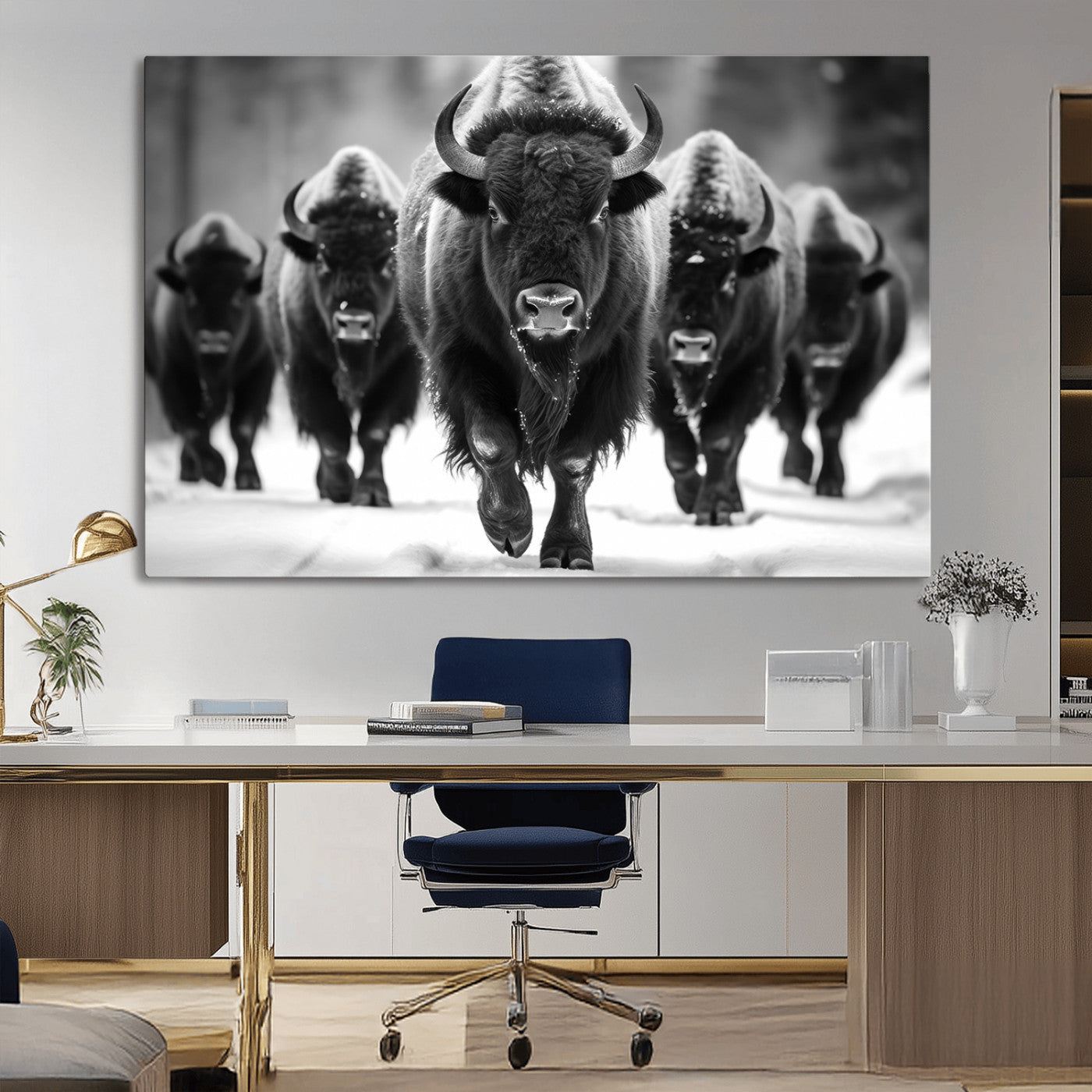 MGV-CV-36X24 - American Bison Art | Buffalo Herd Wall Art Canvas Print, BW American Bison Herd Wall Art Canvas Print