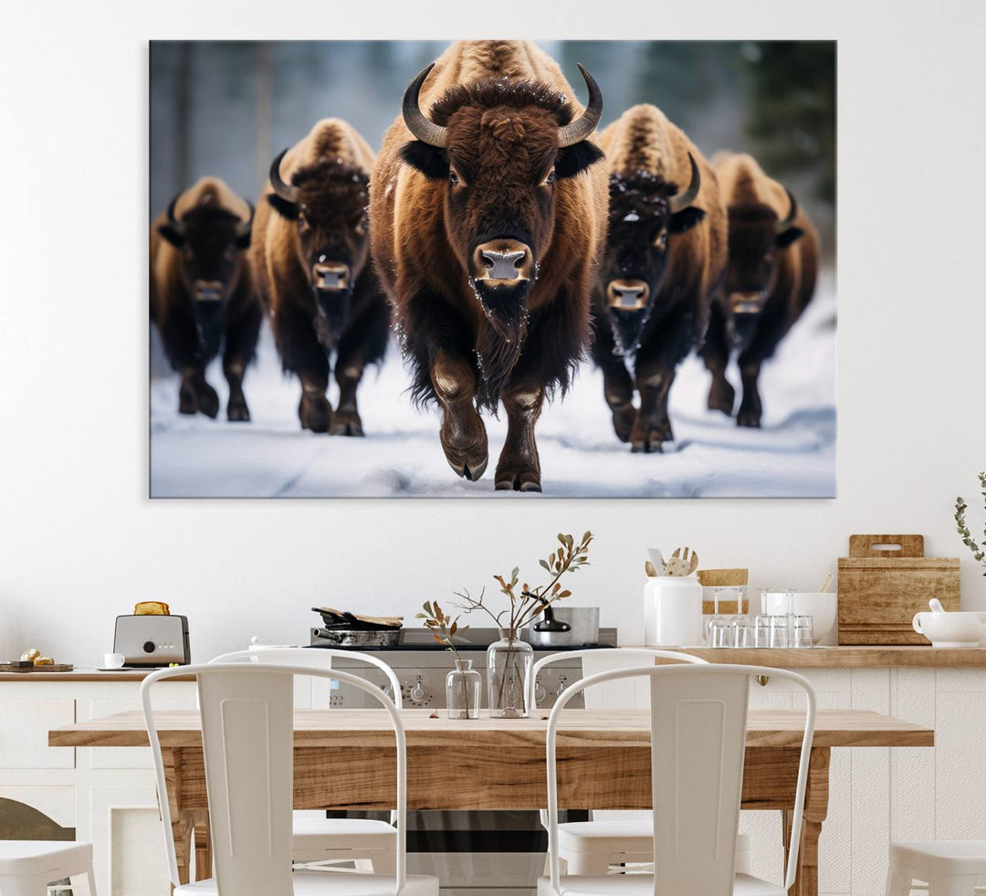 The dining room features an American Bison Herd Canvas Print against the snow.