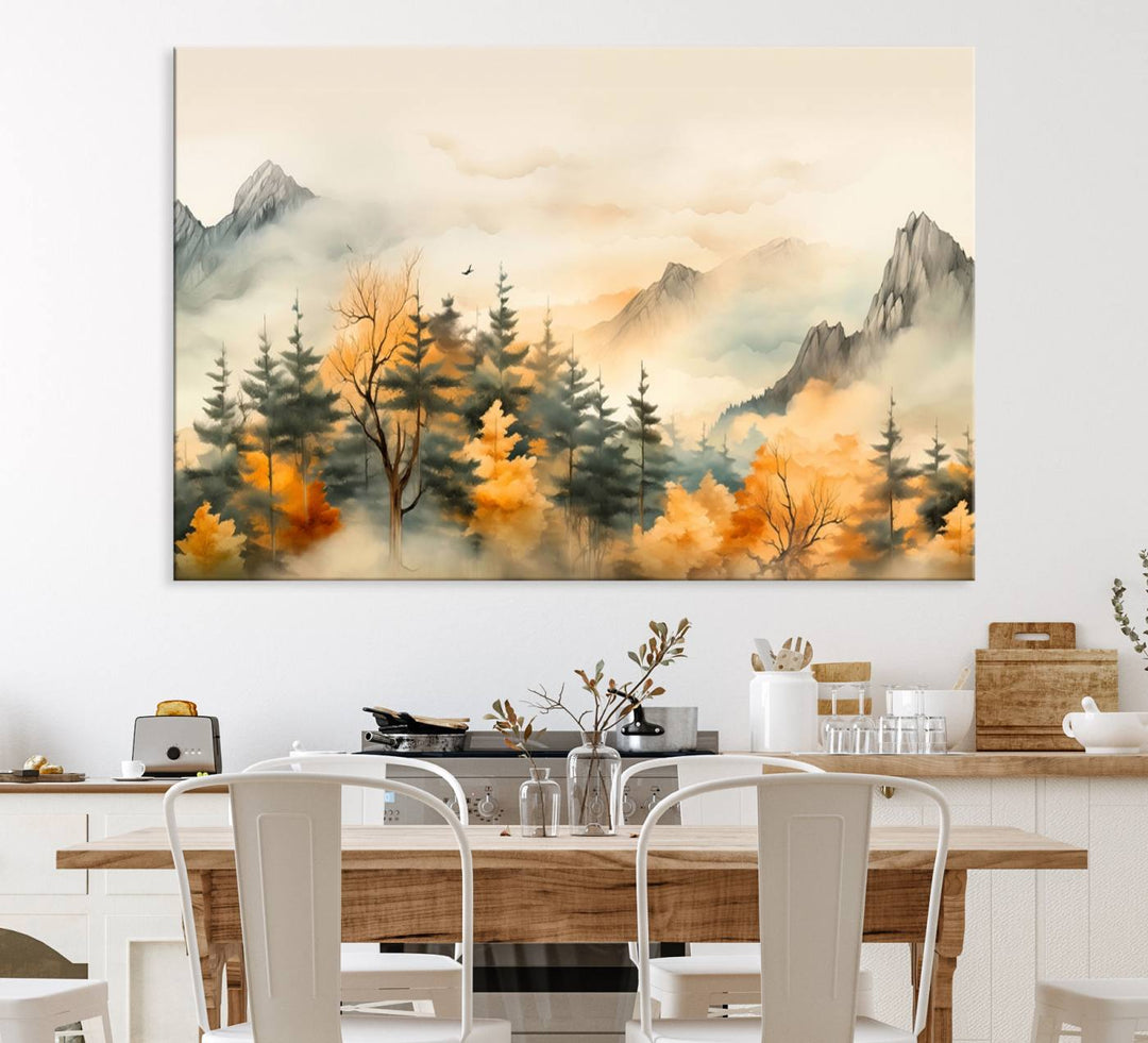 A wall art of Abstract Watercolor Mountains and Trees Autumn on museum-quality canvas.