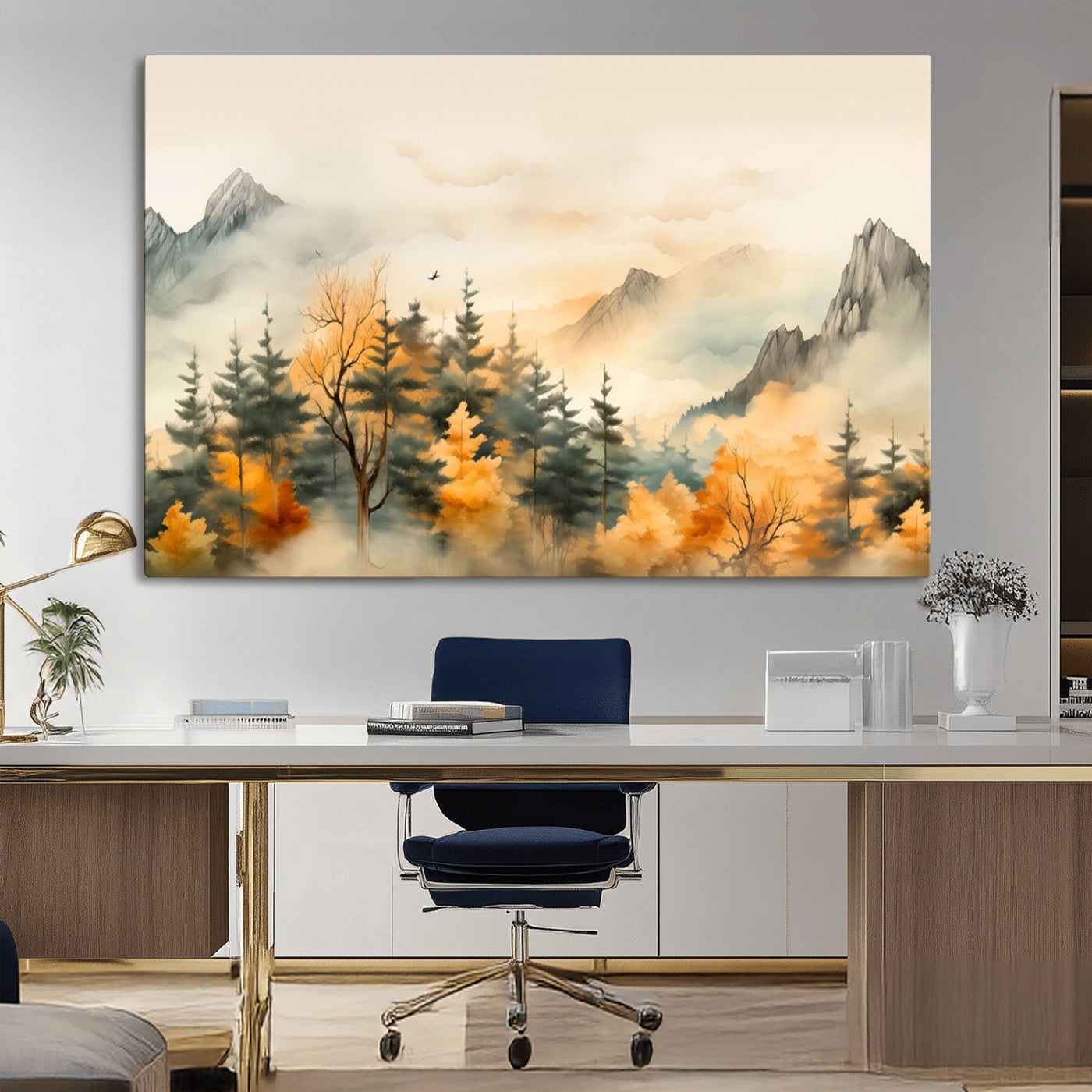 MGV-CV-36X24 - Abstract Watercolor Mountains and Trees Autumn