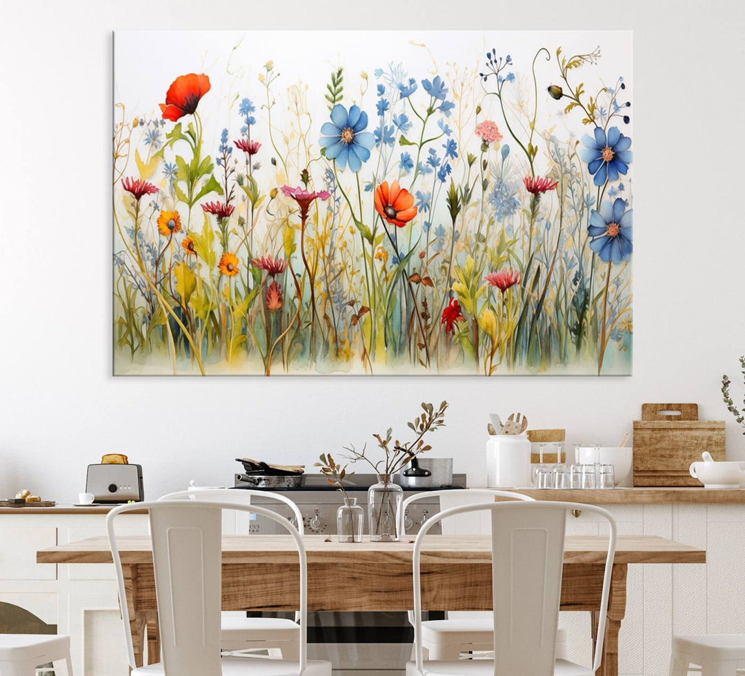 The vibrant Colorful Wildflower Canvas Wall Art adorns the wall.