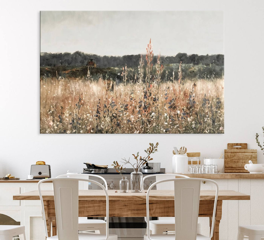 A dining room featuring the Abstract Wildflower Art Field Landscape Oil Painting Print.