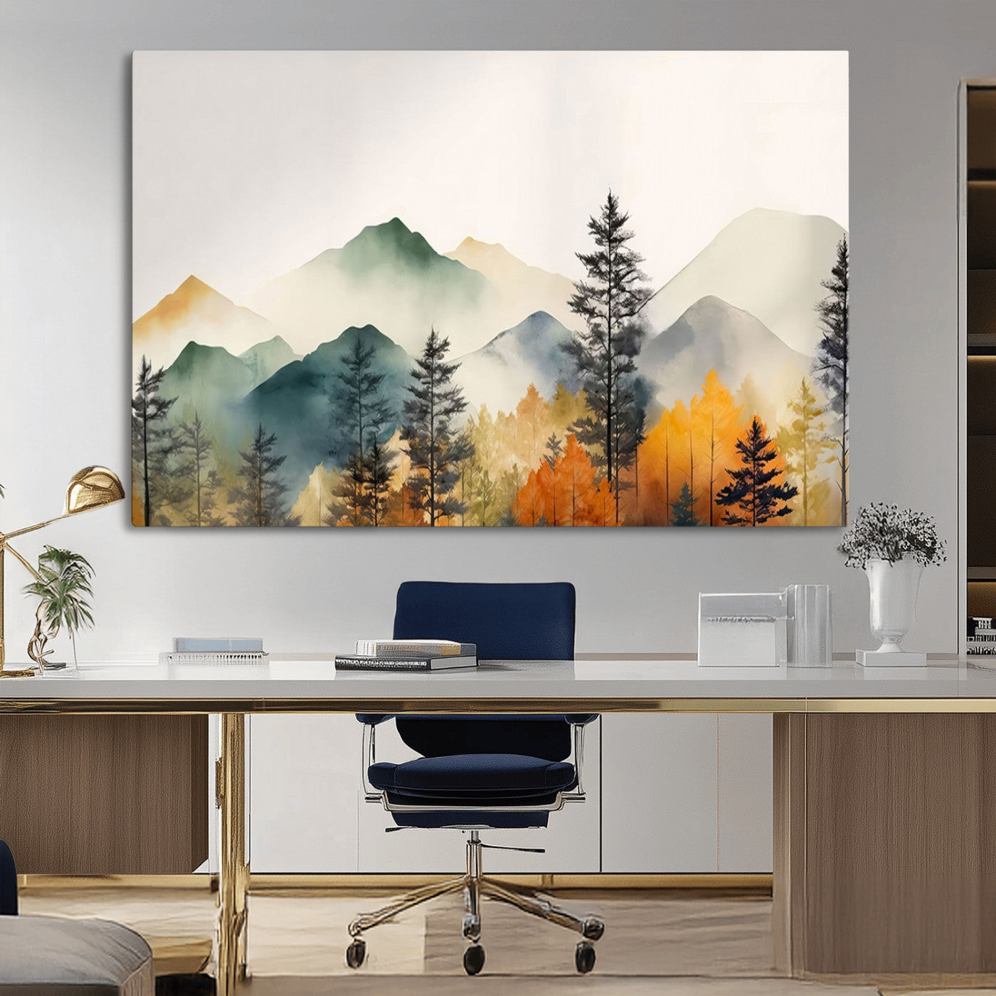 MGV-CV-36X24 - Abstract Watercolor Mountains and Trees Autumn Wall Art