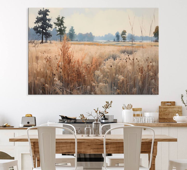 The Golden Fields Canvas Art Print, depicting a serene landscape, adds tranquility with its presence.