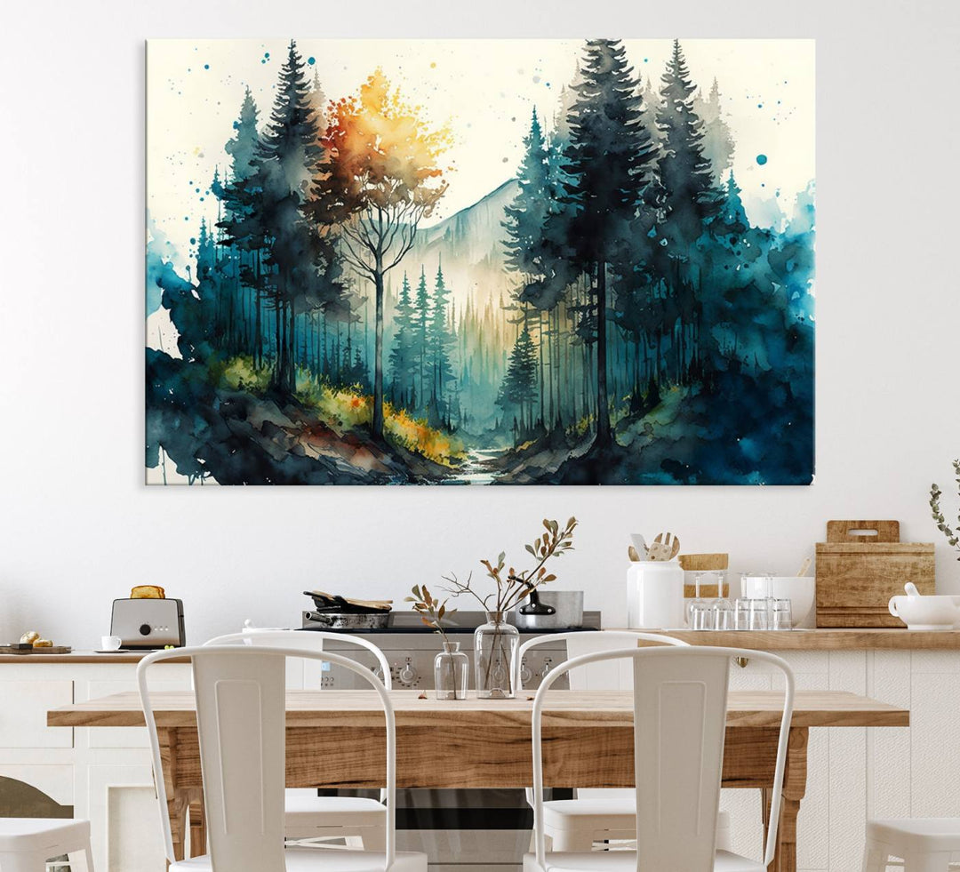 The Watercolor Trees Forest Abstract canvas print is displayed prominently.