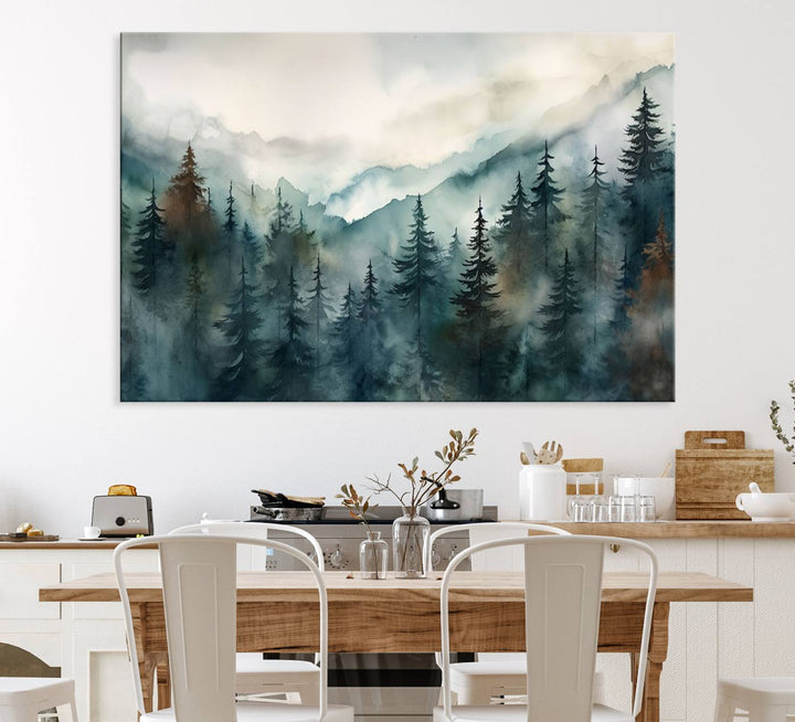 Serenity Forest Wall Art Canvas above the table adds a nature-inspired vibe to the space.