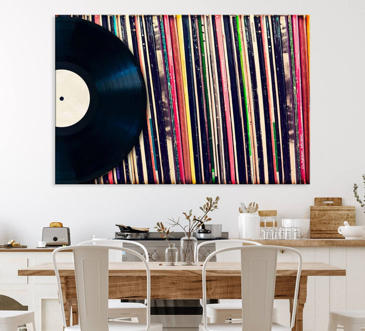 The Vinyl Record and Album Collection Canvas above the dining table enhances the modern kitchen, creating a perfect aesthetic for vintage vinyl lovers.