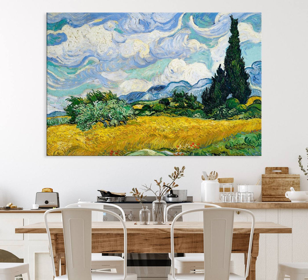 A kitchen featuring Wheatfield With Cypresses Van Gogh canvas wall art.