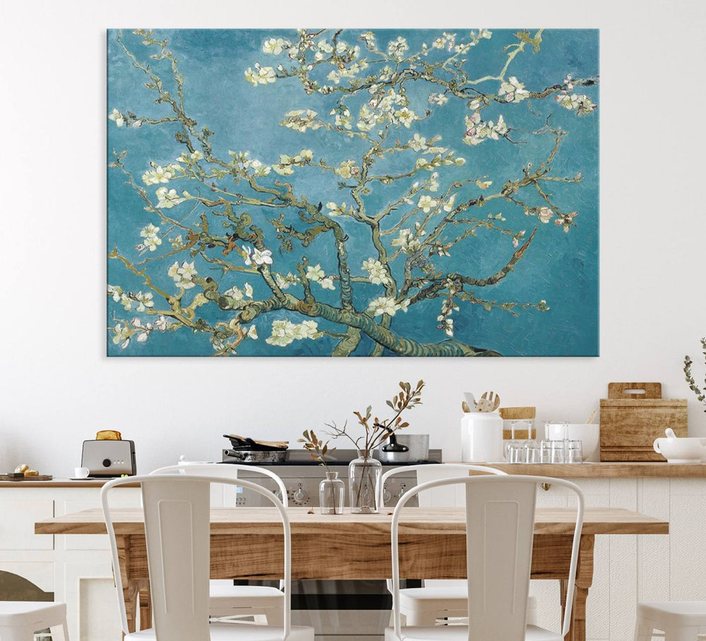 The wall art, Vincent Van Goghs Almond Blossom, stands out with its vibrant depiction against a serene blue background.