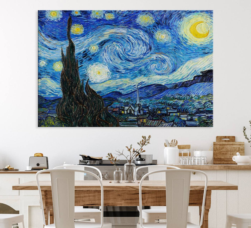 A canvas print of The Starry Night, offering museum-quality art, ready to hang.