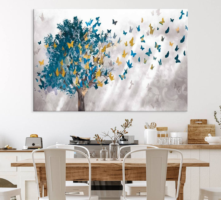 The modern dining room features Tree Butterfly Abstract Wall Art, adding a touch of nature-inspired decor.