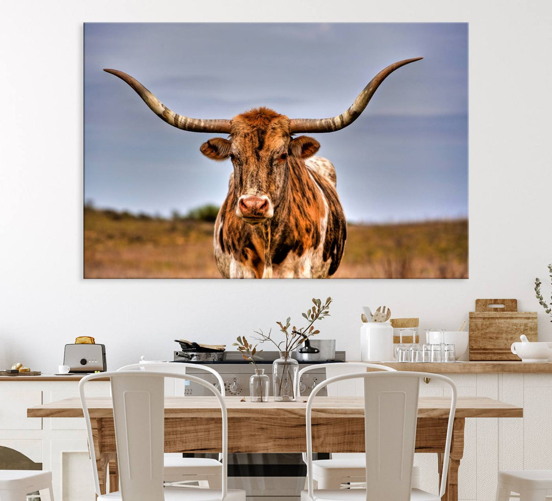 The Texas Longhorn Wall Art Print is displayed in a stylish living room.