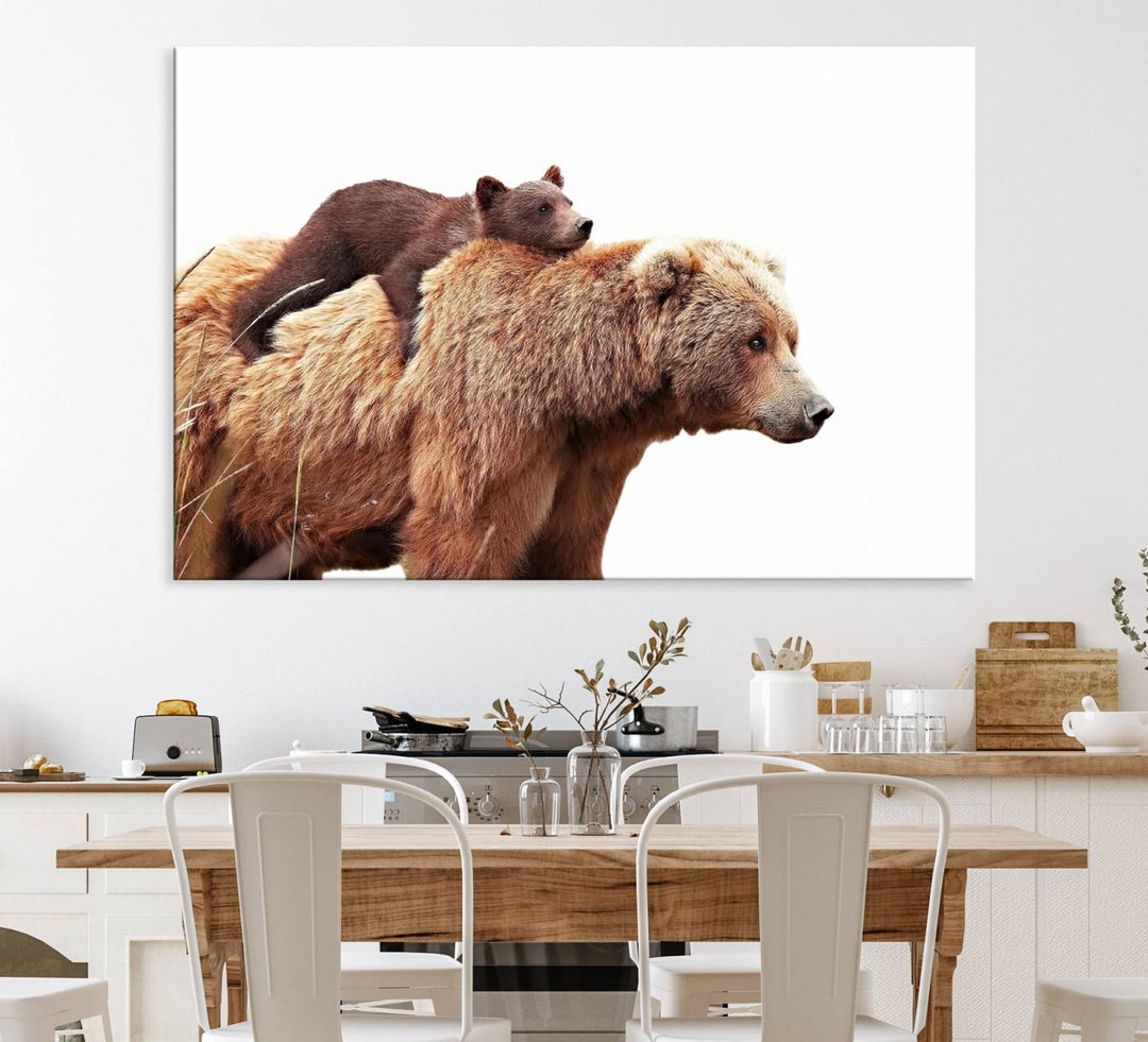 Mother and Baby Bear canvas: an adorable wildlife print displayed on a dark green wall.