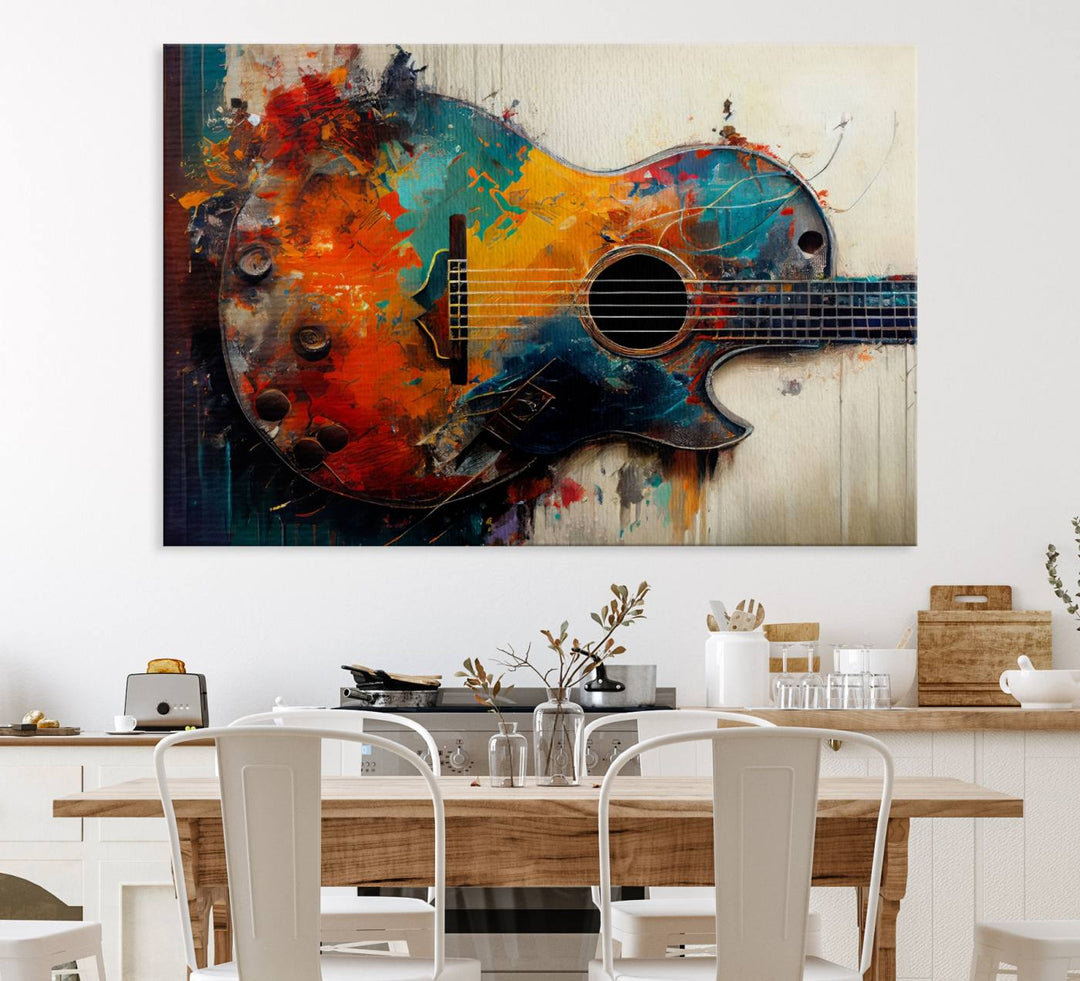 A vibrant guitar wall art canvas is mounted on the wall.