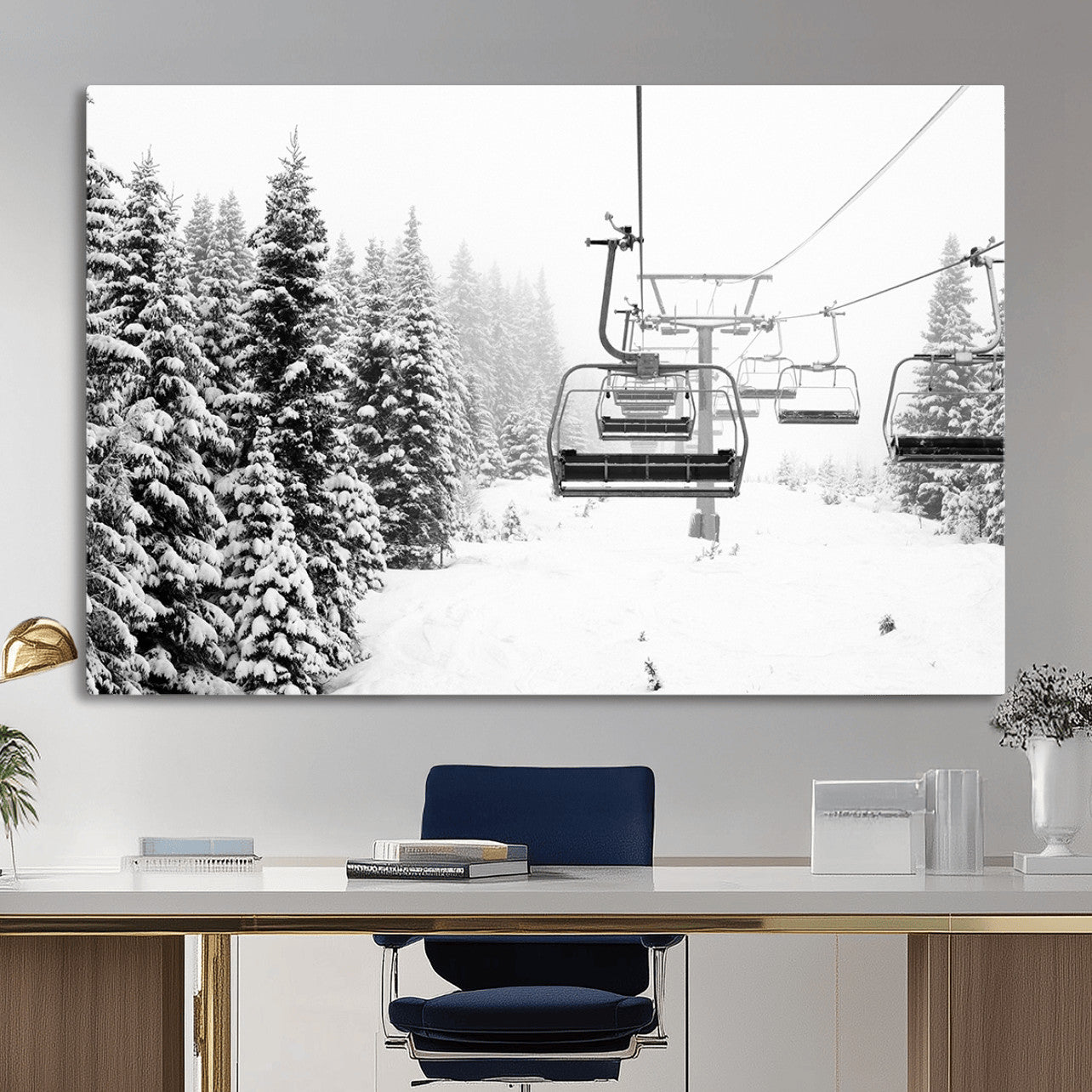 70609-MGV-CV-36X24 - Winter Forest Wall Art Canvas Print, Framed Snowy Forest Art Picture Print, Winter Ski Lift Perfect
