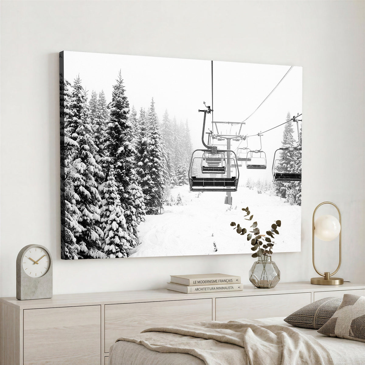 Ski Wall Art | Ski Lift Canvas Print with Snow Covered Spruce Trees, Winter Ski Resort Wall Art