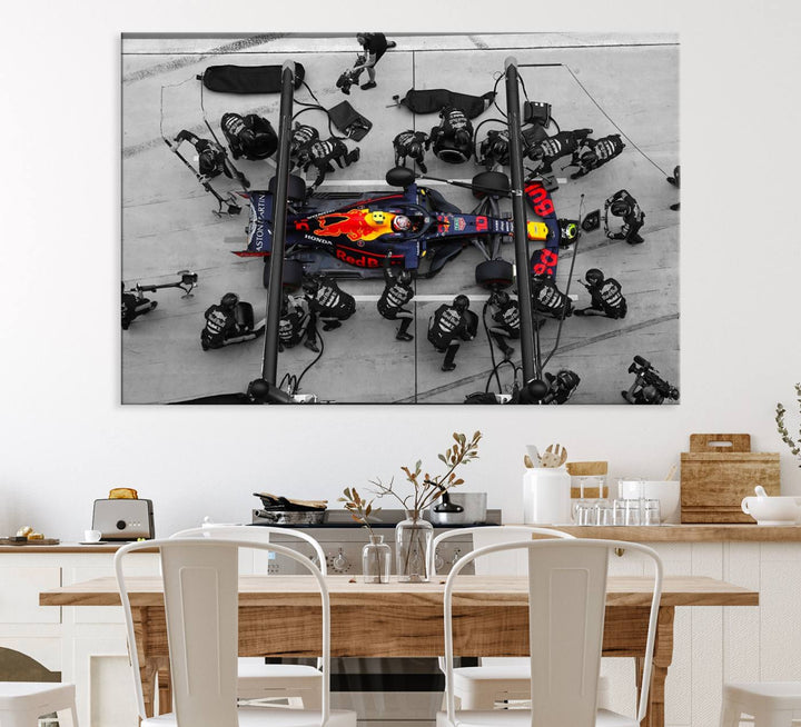 Red Bull Formula 1 Canvas Wall Art Print: An aerial view of a Formula 1 pit stop featuring a Red Bull car on premium canvas.