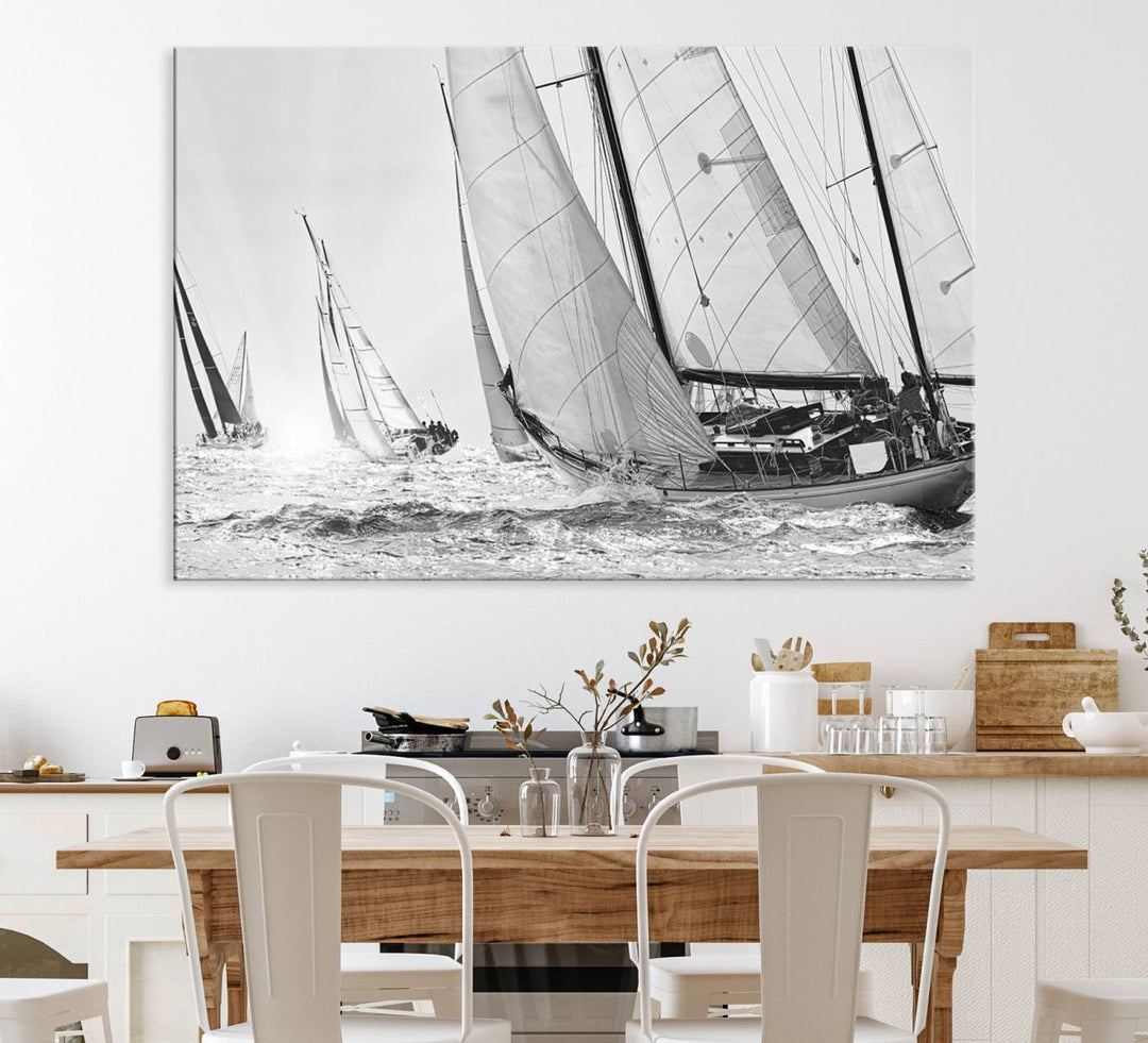 Yacht Sailboat Regatta canvas print on a textured wooden wall.