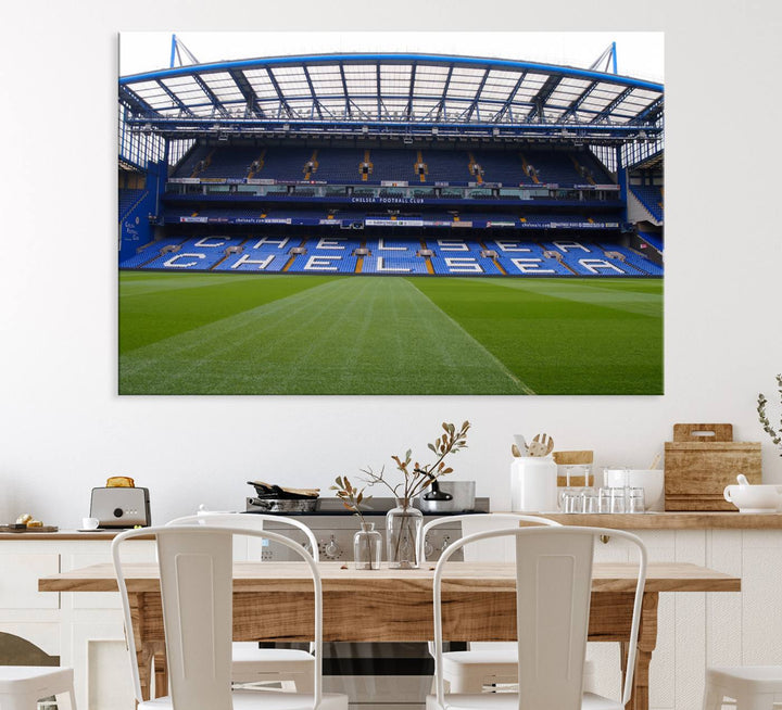 The wall art features a Chelsea FC Stamford Bridge Stadium canvas print.