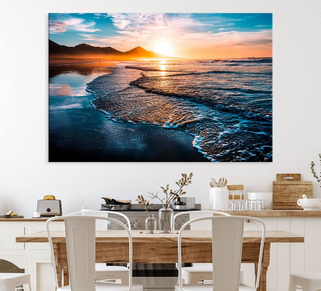 The Sunset Beach Ocean Canvas Wall Art – Tranquil Reflections at Dusk enhances the ambiance with its captivating depiction of serene ocean views at dusk.