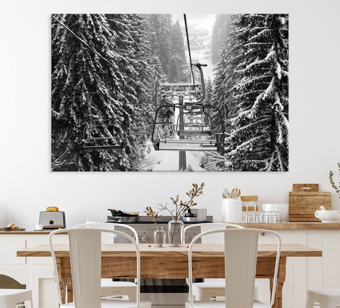 The Winter Ski Lift Canvas in minimalist style adds a unique touch to the dining room.