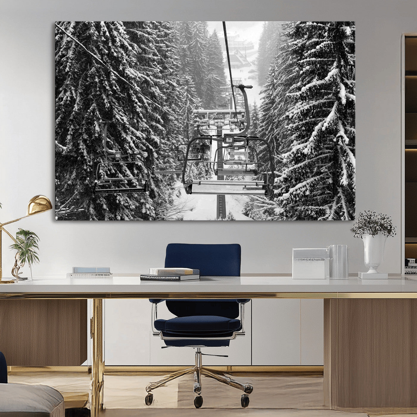 MGV-CV-36X24 - Winter Ski Lift Black and White Canvas Wall Art – Alpine Escape in Minimalist Style – Ready to Hang