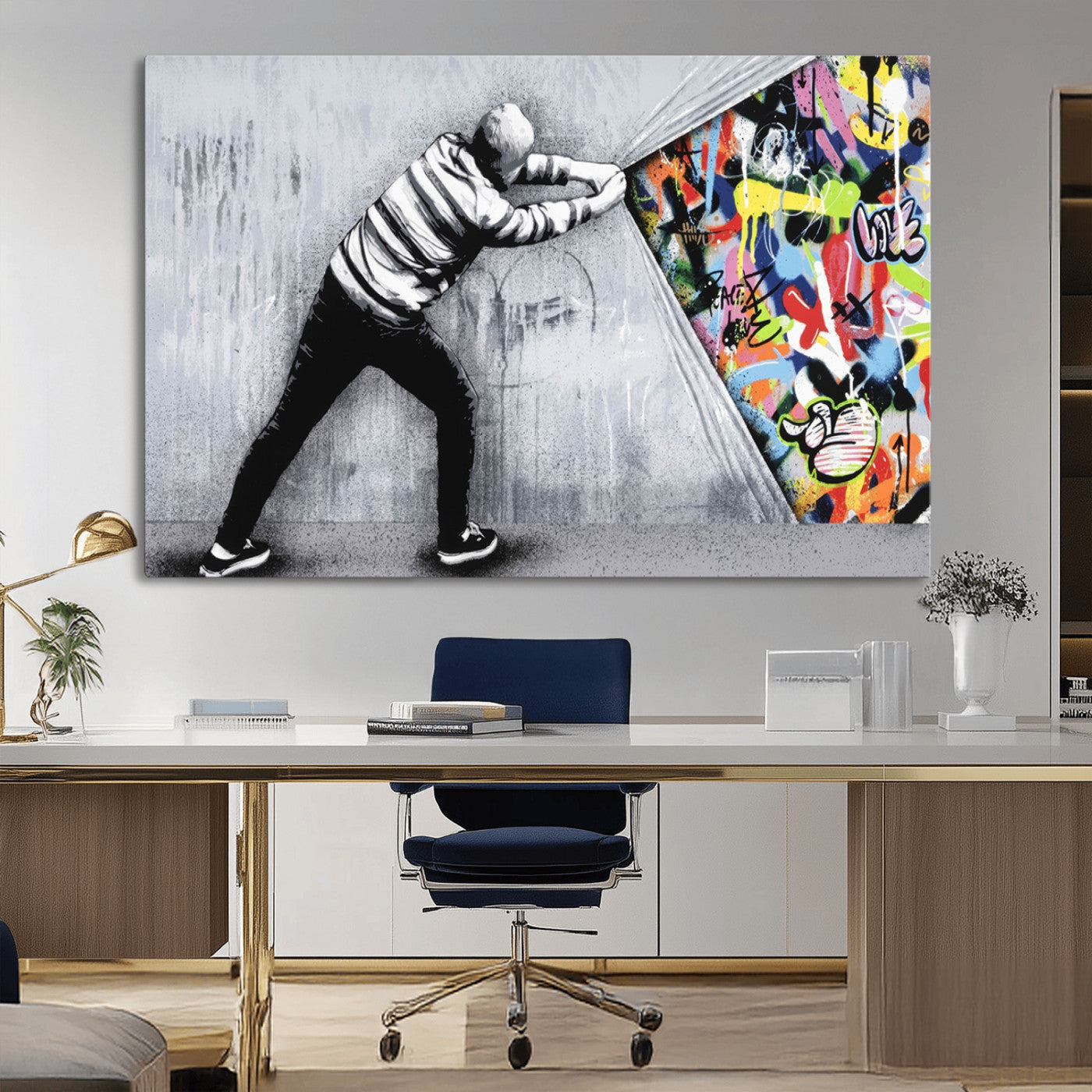 MGV-CV-36X24 - Banksy Art Behind the Curtain Street Wall Art Canvas Print | 3-Panel Urban Graffiti-Inspired Wall Art for Living Room or Office