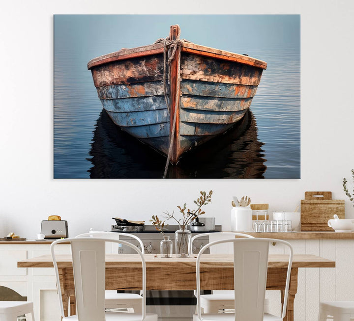 Stunning vintage boat canvas print featuring a calm water scene.