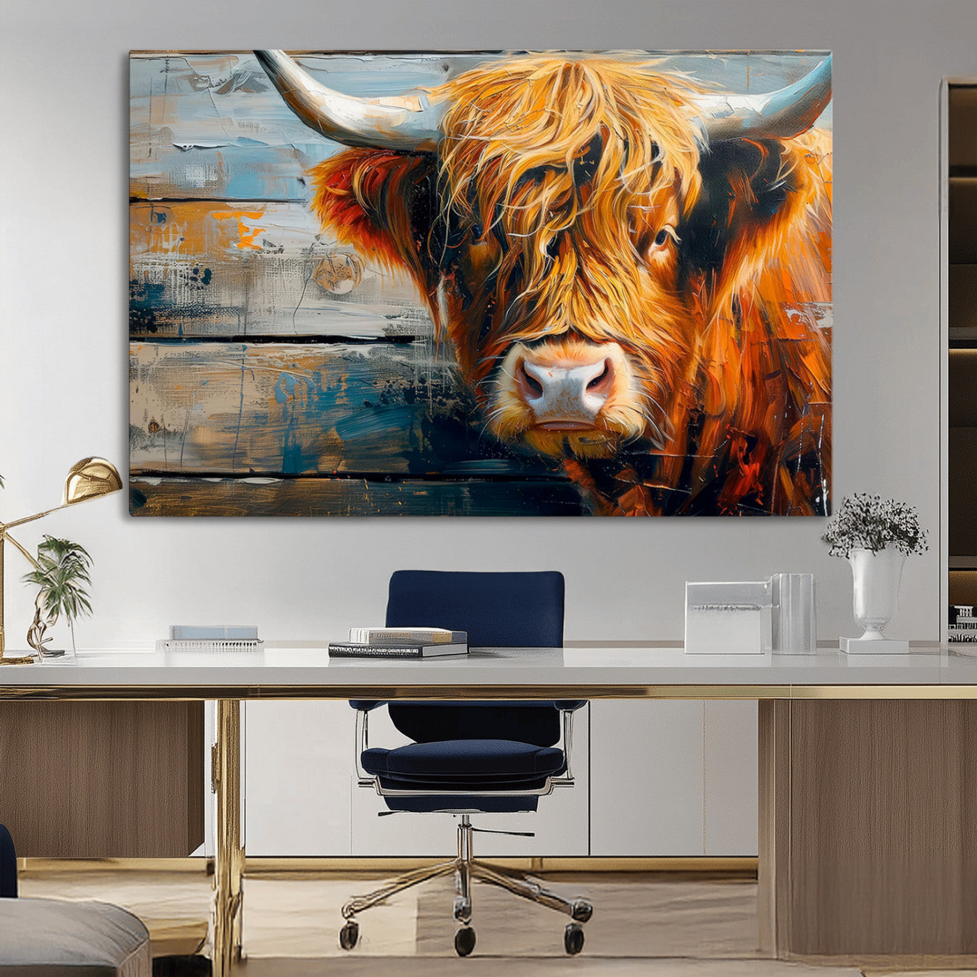 -Highland Cow Abstract Canvas Wall Art – Bold Farmhouse Rustic Decor – Ready to Hang