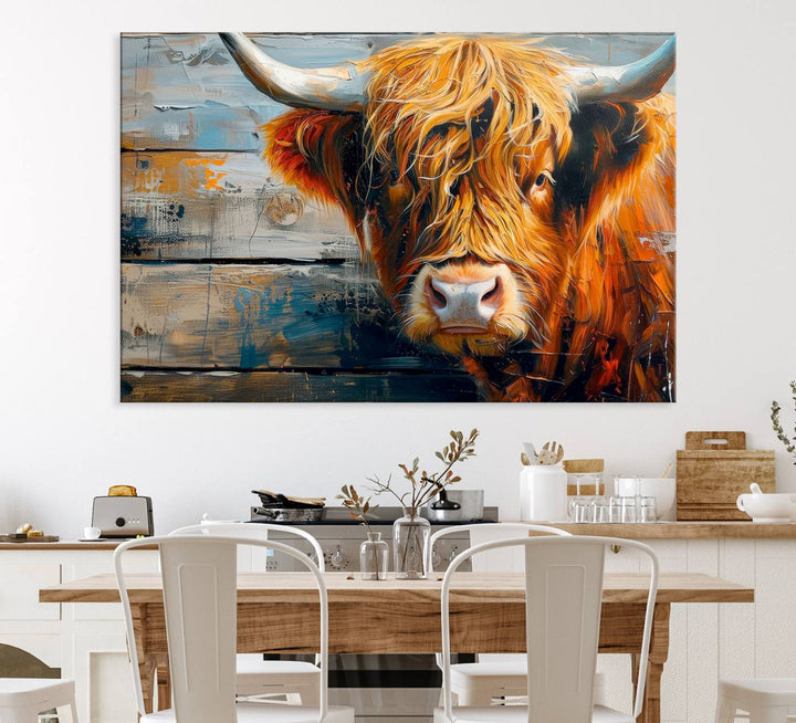 The dining room features Highland Cow Abstract Canvas Wall Art in a farmhouse rustic decor style.