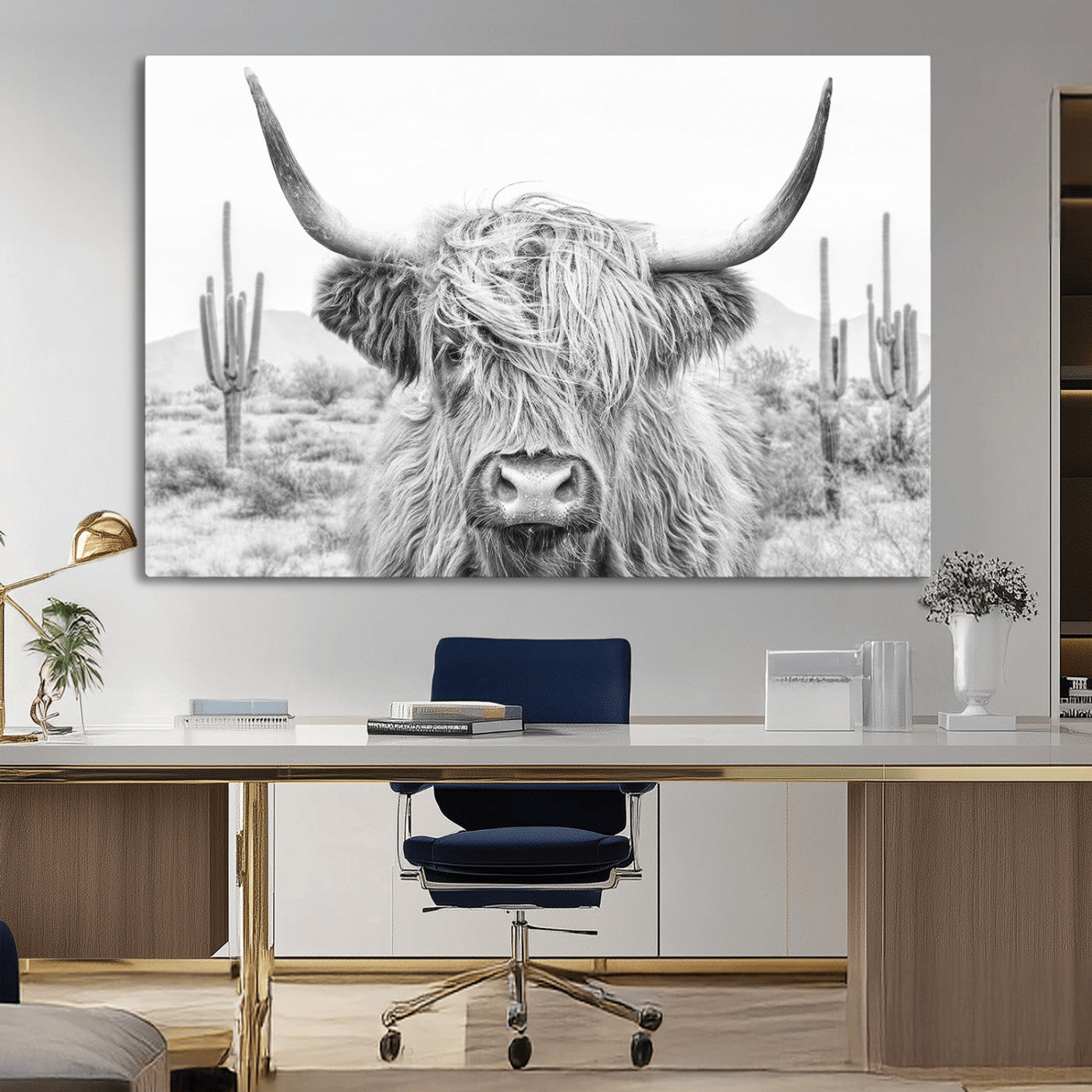 -Rustic Charm | Cow Longhorn Black White Bighorn Wall Art Canvas Print | Farmhouse Wall Art