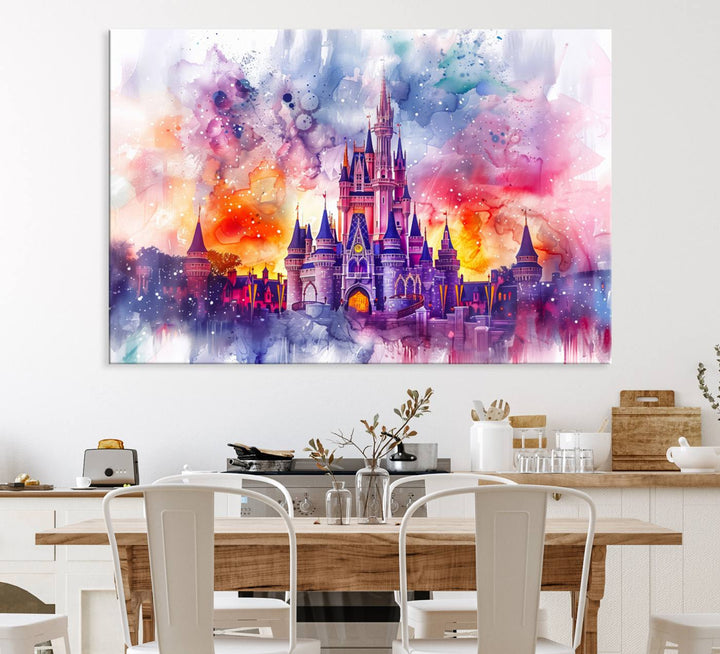 The watercolor Disney Wall Art showcases Cinderellas Castle in pink, purple, and orange hues.