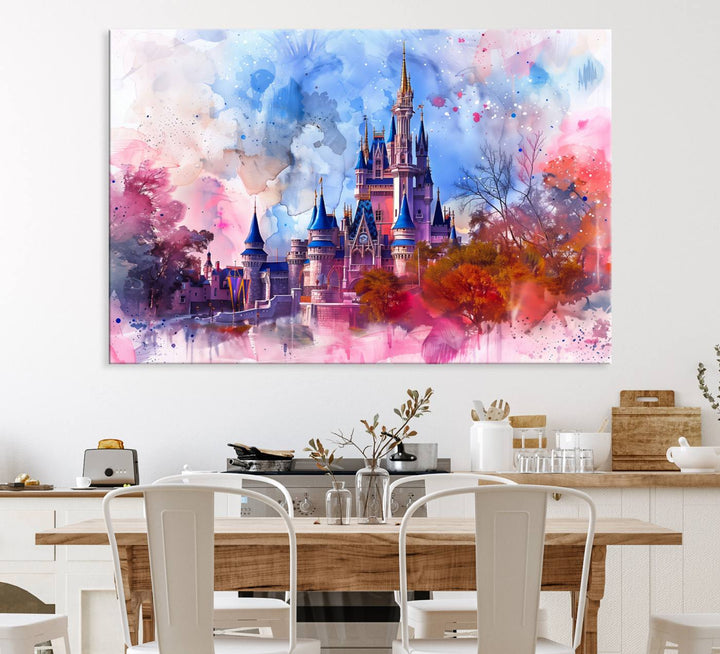 A Disney Wall Art: Dreamy Watercolor Cinderella Castle Canvas Print hangs prominently.