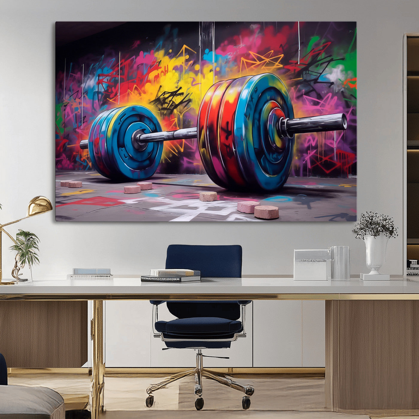 MGV-CV-36X24 - Abstract Graffiti Barbell Canvas Wall Art – Urban Fitness Meets Bold Street Art Print - Gym Wall Art Print