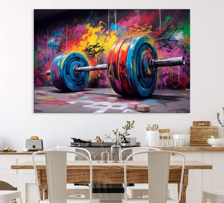 The Abstract Graffiti Barbell Canvas Wall Art is displayed on a porch.