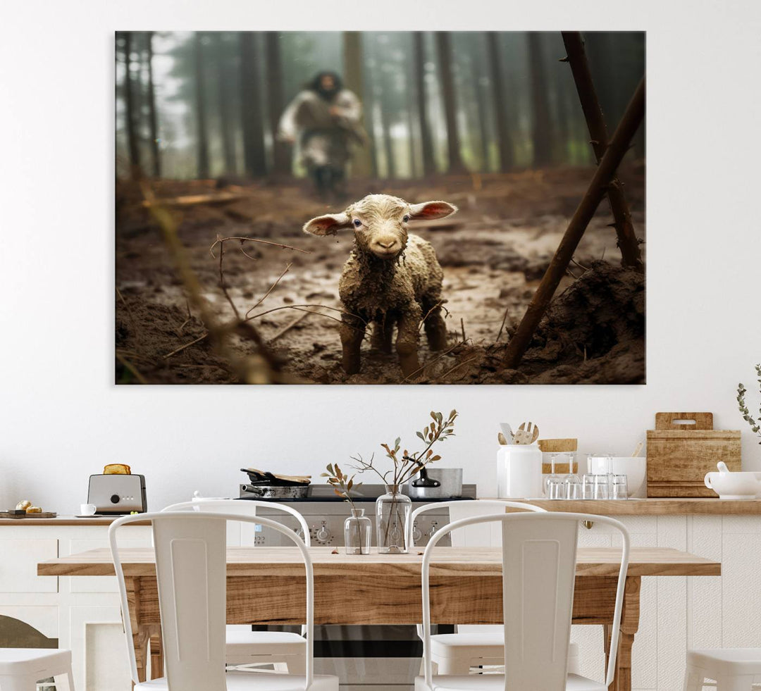 The Jesus Lost Lamb Canvas Wall Art features a heartwarming woodland scene, beautifully capturing the essence of serenity and grace.