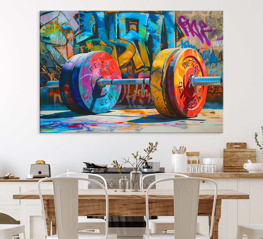 A Fitness Gym Barbell Graffiti Wall Art Canvas Print is displayed.