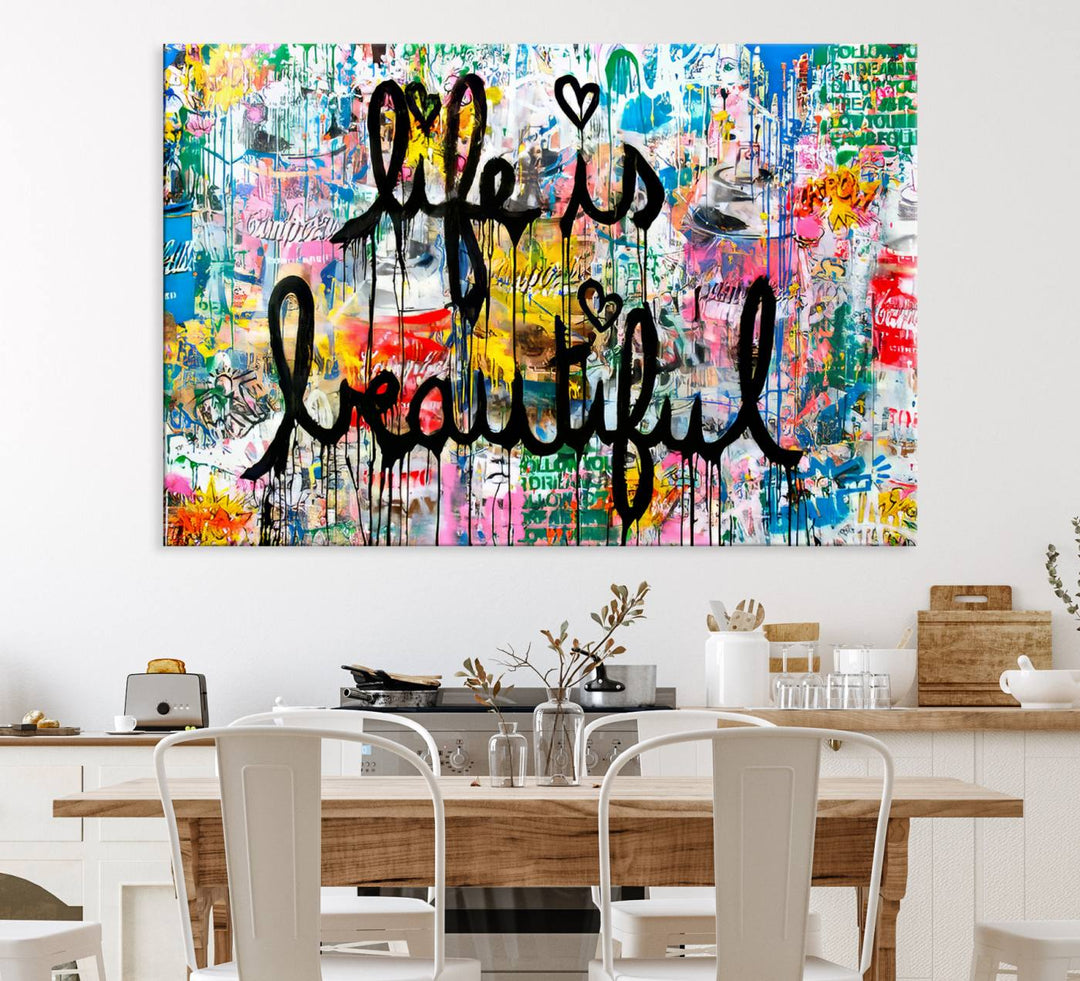 The Life Beautiful graffiti style canvas print is showcased in black script.