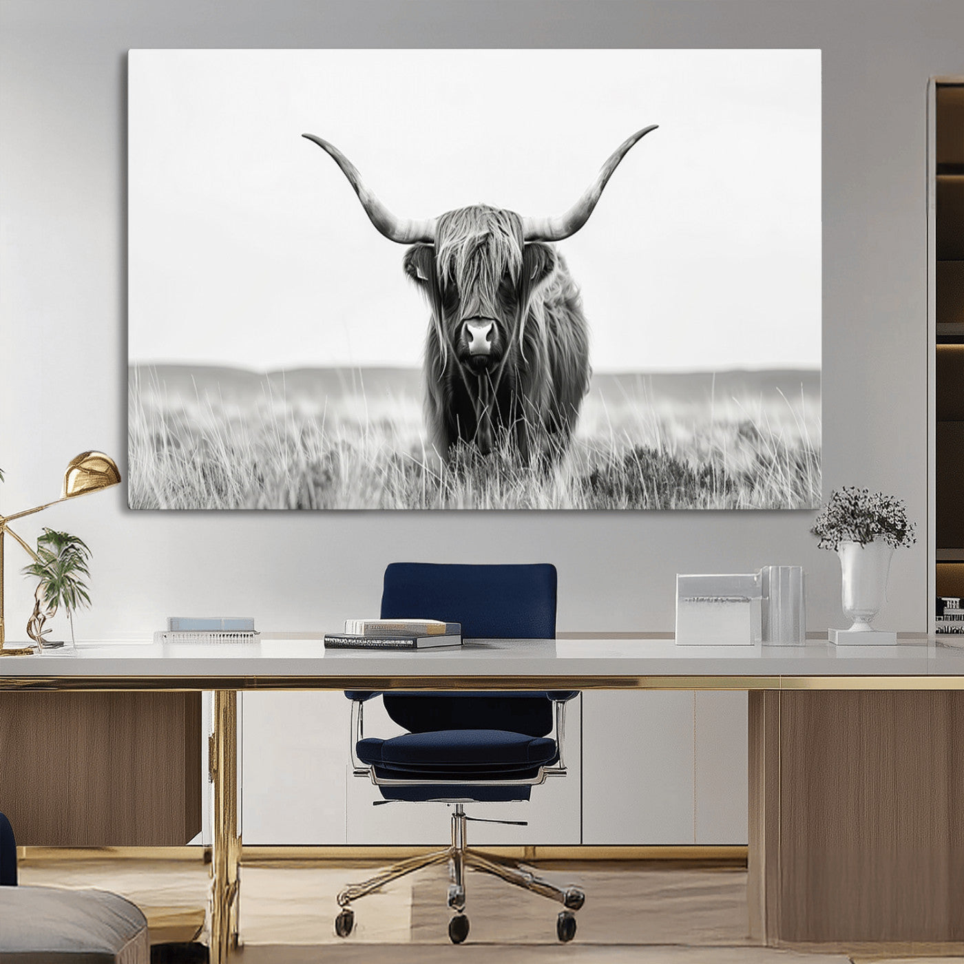 MGV-CV-36X24 - Highland Cow Canvas Wall Art – Majestic Beauty in Black and White – Ready to Hang