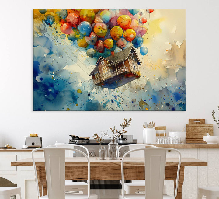 UP-Inspired Floating House with Balloons Triptych Canvas Art – Colorful 3-Panel Wall Decor for Living Room, Office, or Nursery